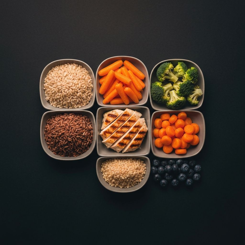 Overhead view of a balanced arrangement of different food groups in natural sections
