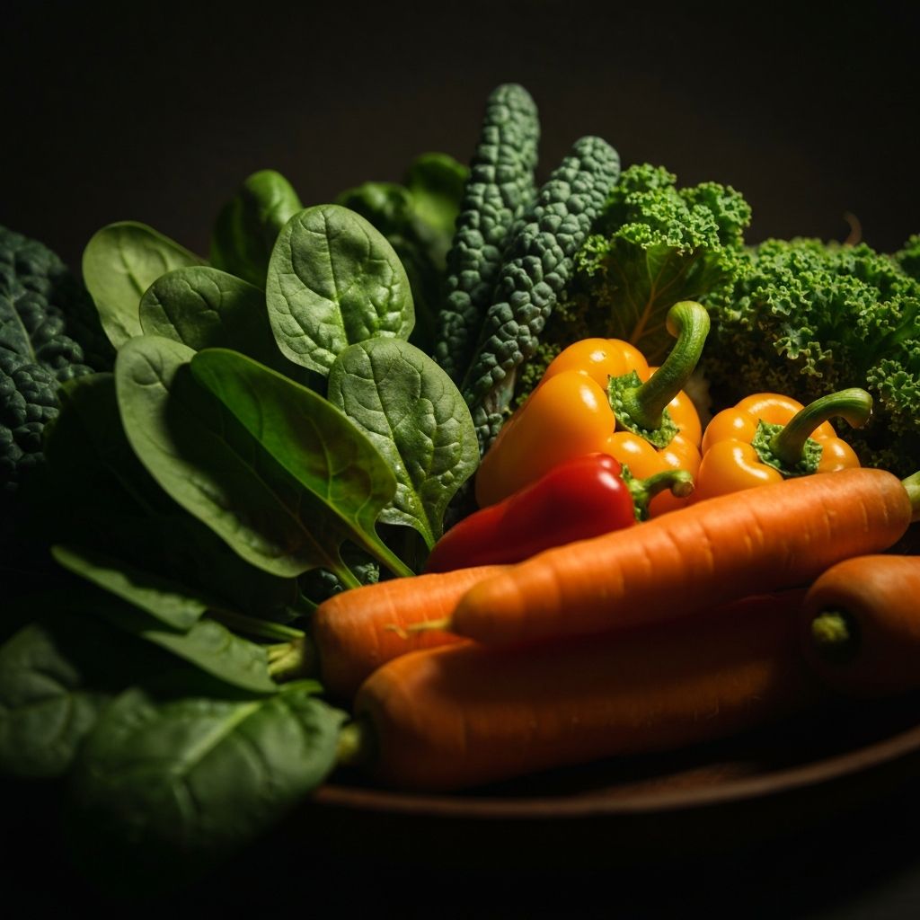 Vibrant fresh leafy greens and colorful vegetables rich in vitamins