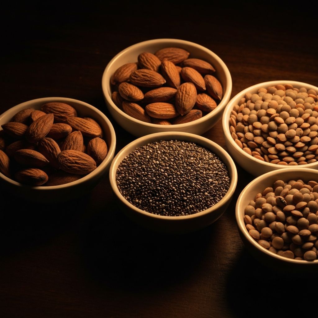 Whole nuts, seeds, and dried legumes in small ceramic bowls